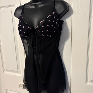 La SENZA Black Sheer Babydoll Chemise with Pink Floral Embroidery
